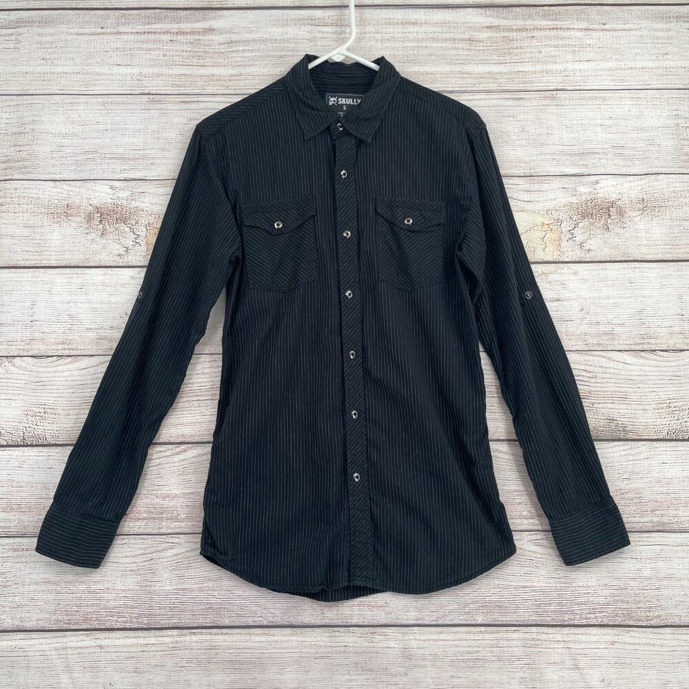 Skully Striped Snap Down Shirt‎ Men's Size Small Black